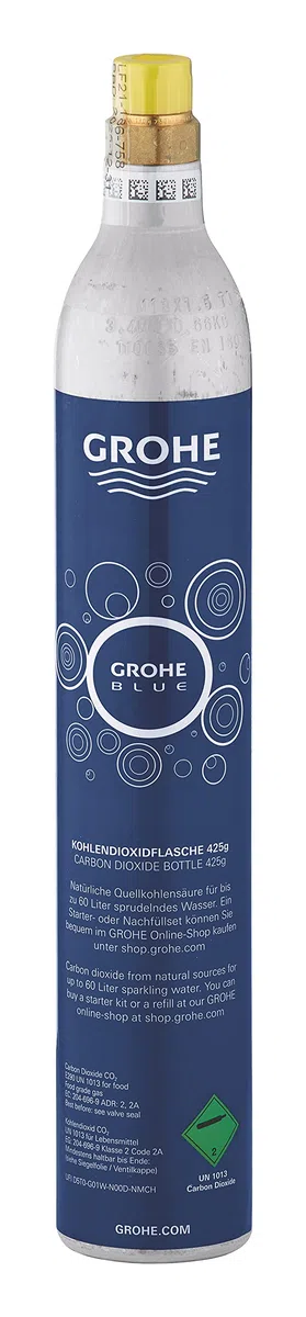 GROHE Blue Bombola CO2 da 425 g, Nuova Bombola con Sigillo, fino a 60 L Acqua Frizzante, per Blue Home e Fizz, 40651000