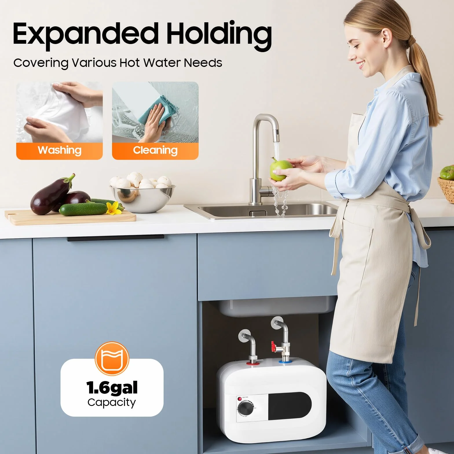 MINRS 6L Scaldabagno Sottopiano, Scaldaacqua da Cucina Elettrico Serbatoio per Acqua Calda 1500W 220V Scaldabagno Istantaneo 30-65°C per Lavelli, Cucine, Bagni Bianco