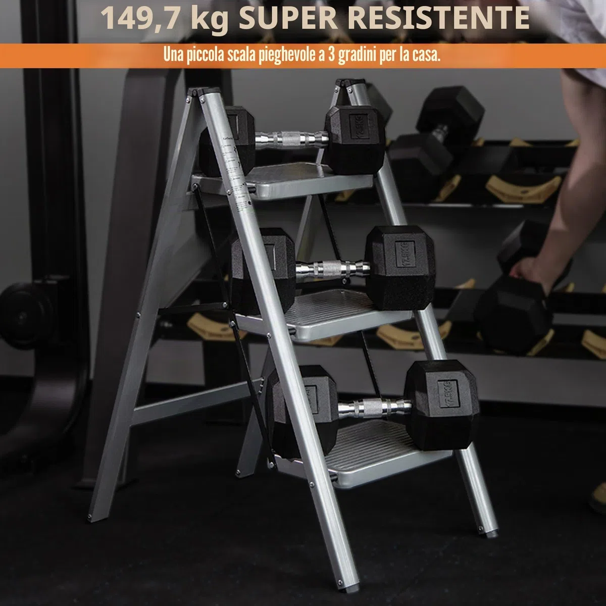 XinSunho Scala a 3 Gradini, Scaletta Pieghevole, Scaletto Domestica con Gradini Antiscivolo, Leggera e Compatta, Carico 150kg, Scaletto Portatile in Acciaio, Grigio