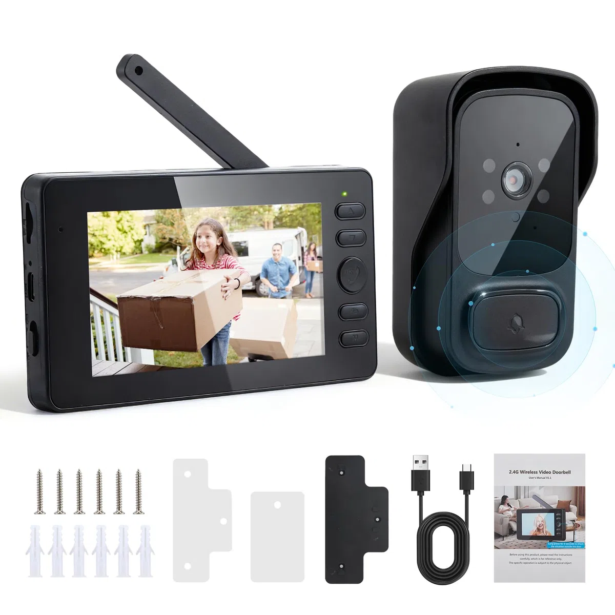 Campanello senza Fili con Telecamera, Campanello Video Impermeabile senza Fili, 1080P HD IPS 4.3", Audio Bidirezionale, Visione Notturna a Infrarossi, Resistente alle Intemperie, Angolo di Visione 120
