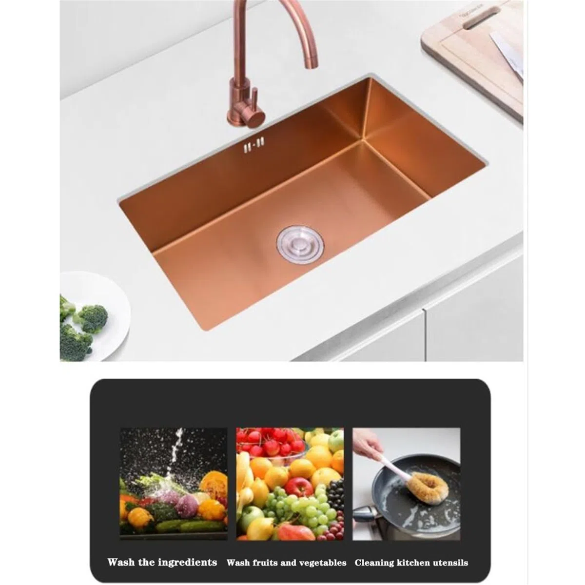 Lavello Da Cucina In Acciaio Inox A Vasca Singola Per Installazione Su Cavalletto/Fuori Cavalletto, Include Accessori Per Il Lavaggio Delle Verdure, Ideale Per L'Arredamento Del Bagno, Oro Rosa 60*40
