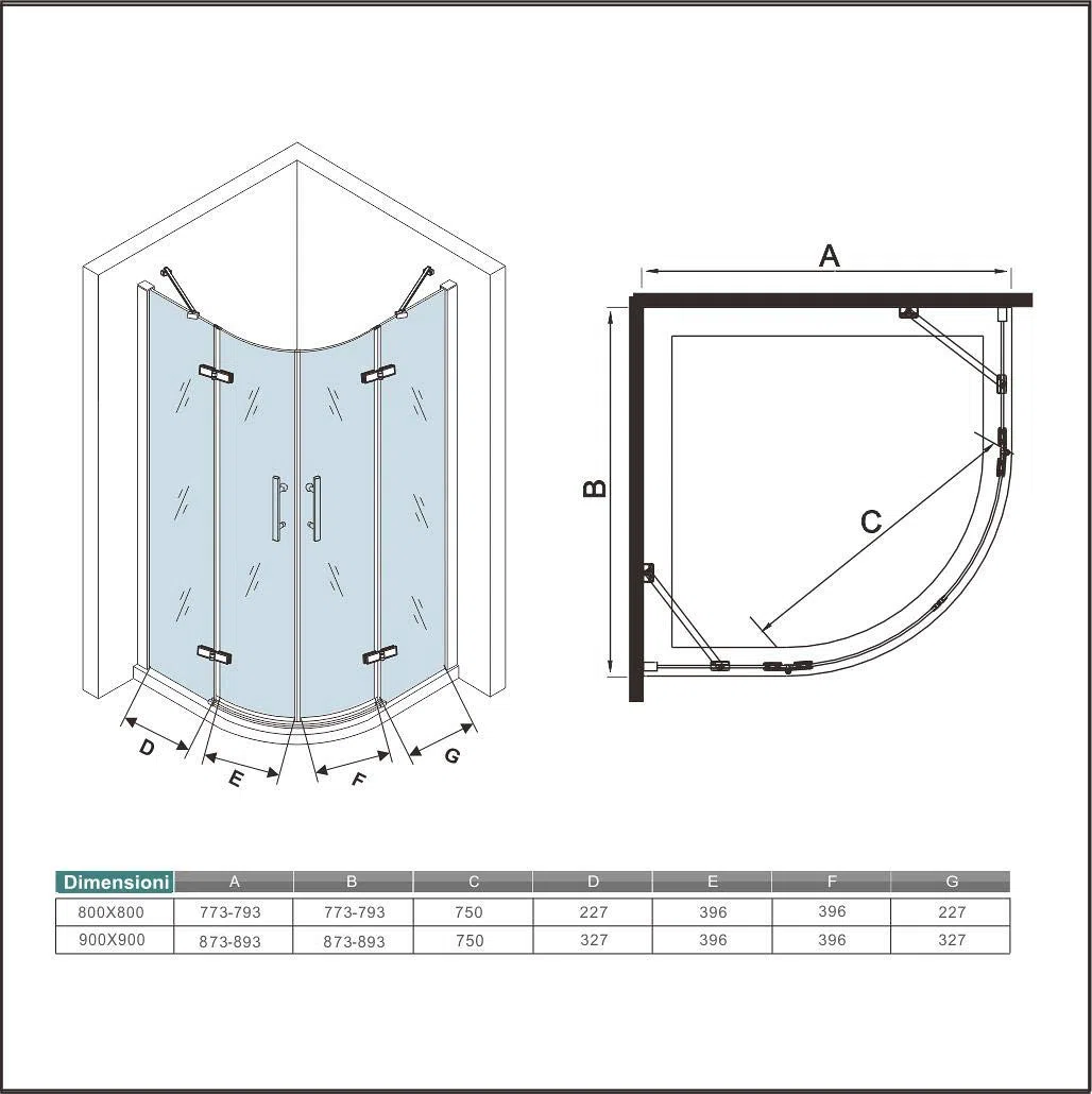 Aica box doccia semicircolare porta battente anticalcare vetro temperato trasparente 6mm (80x80x195 cm)