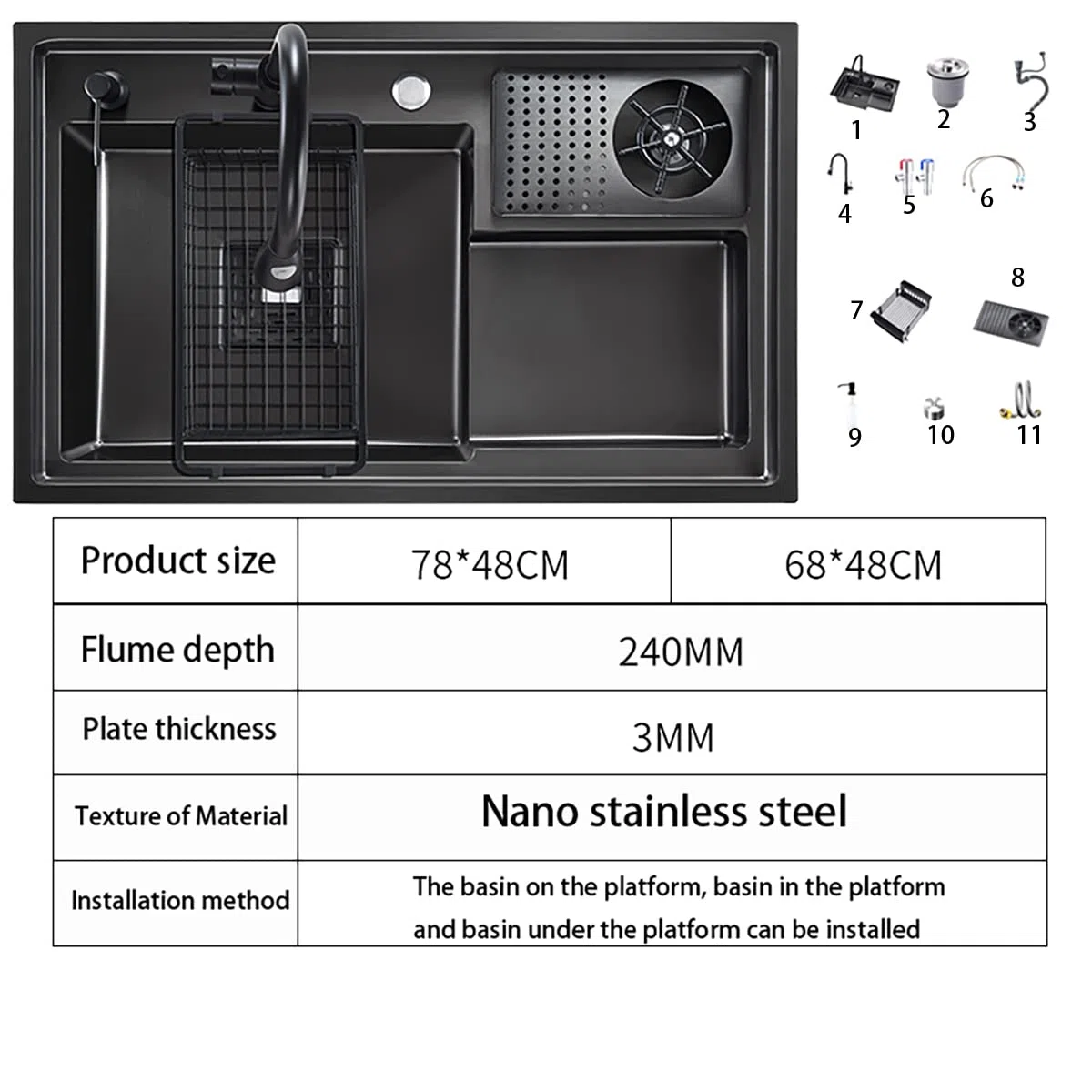 Lavabo in acciaio inox con vassoio per tazze, lavabo ispessito bar caffetteria, lavello nano multifunzionale da cucina, lavello per auto da turismo, 78 cm (68 cm)
