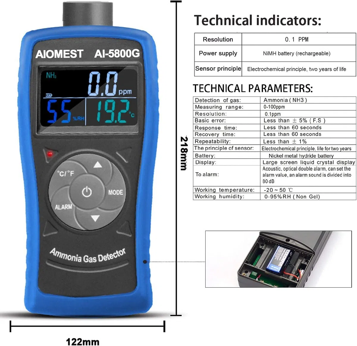 Rilevatore Gas Ammoniaca AIOMEST AI-5800G con Allarme | Misuratore 0-100 ppm Amoniaca, Umidità e Temperatura | per Pollai, Cantina e Ambienti Industriali
