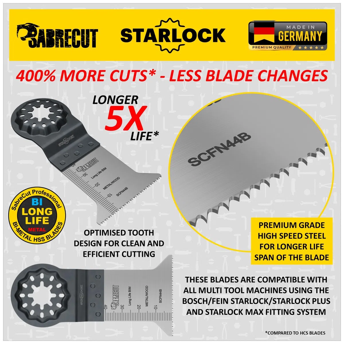 5 x SabreCut SCFNK5 Mix Bimetal (BIM) lame multiutensile a lunga durata compatibili con il sistema di montaggio multiutensile Bosch Fein Starlock/Starlock Plus e Starlock Max e accessori