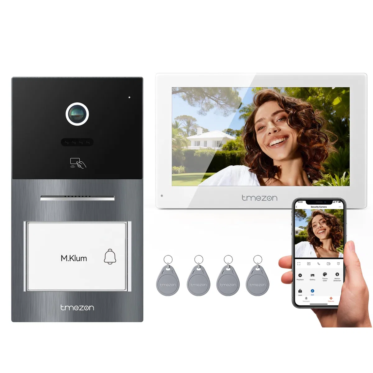 TMEZON Videocitofono Smart 2 Fili Video Citofoni Y70,Campanello Esterno con Telecamera,APP/Carta RFID Unlock,Rilevare Movimento Umano Intelligente,Monofamiliare