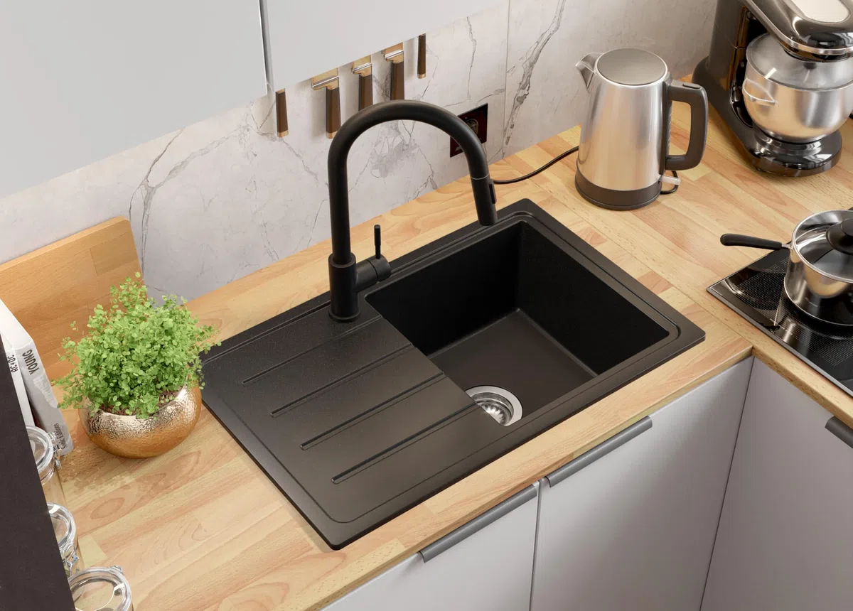 PRIMAGRAN Lavandino da Cucina Nero 70x44cm, Lavello in Granito a 1 vasca + Rubinetto 32x20cm + Set di accessori, Lavabo da Cucina Incasso al Mobile 45cm - Copenhagen Easy S045