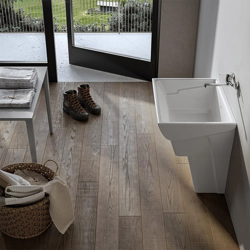 Pilozzo Lavatoio 60x50 Cm Da Appoggio Con Vasca In Ceramica Bianca Lucida Linea Messico, Completo Di Foro Troppo Pieno