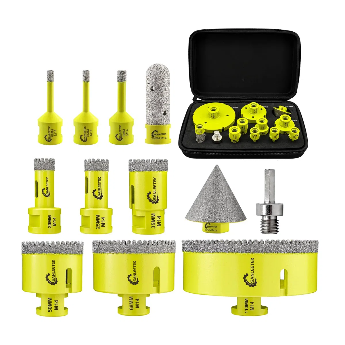 Punte per Trapano Diamantate - 12pezzi (6/6/8/20/25/35/50/68/110mm+20mm Fresa Punta Trapano+50mm Punta Smusso+Adattatore) Seghettato Ceramica Porcellana Marmo Granito M14 Filettatura