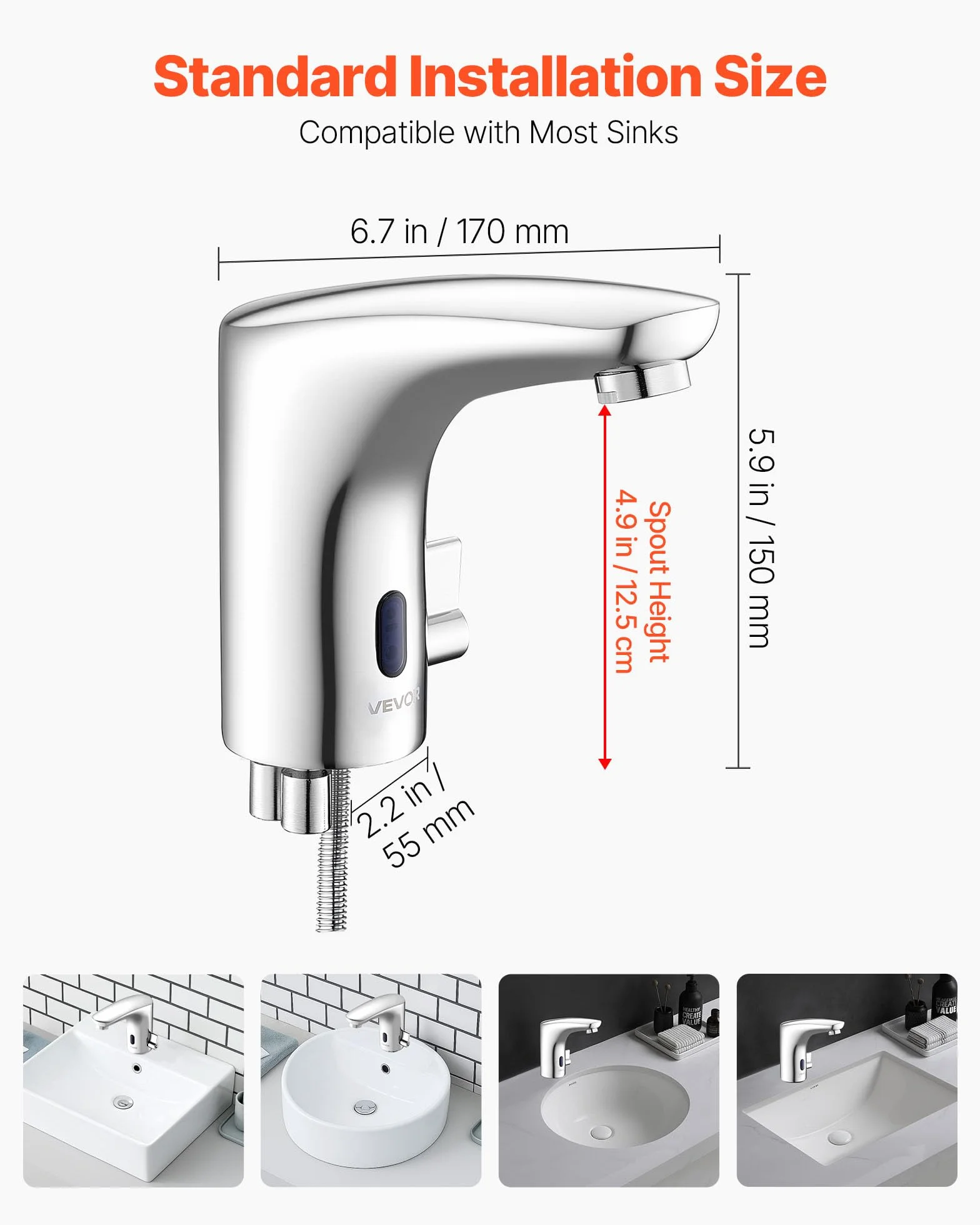 VEVOR Rubinetto per Lavabo Senza Contatto, Rubinetto Automatico con Sensore a Batteria per Bagno Miscelatore Maniglia Singola Regolabile a Mani Libere, Acqua Fredda e Calda, Argento Cromato
