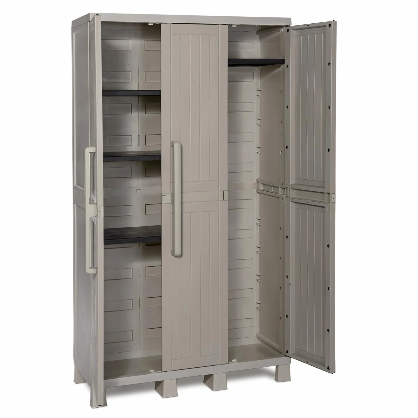 Toomax Armadio Wood Midi a 3 ante con 4 ripiani regolabili, 97x37x173h cm in plastica resistente effetto legno grigio tortora, con piedini e predisposizione per lucchetto, ideale per garage e cantine