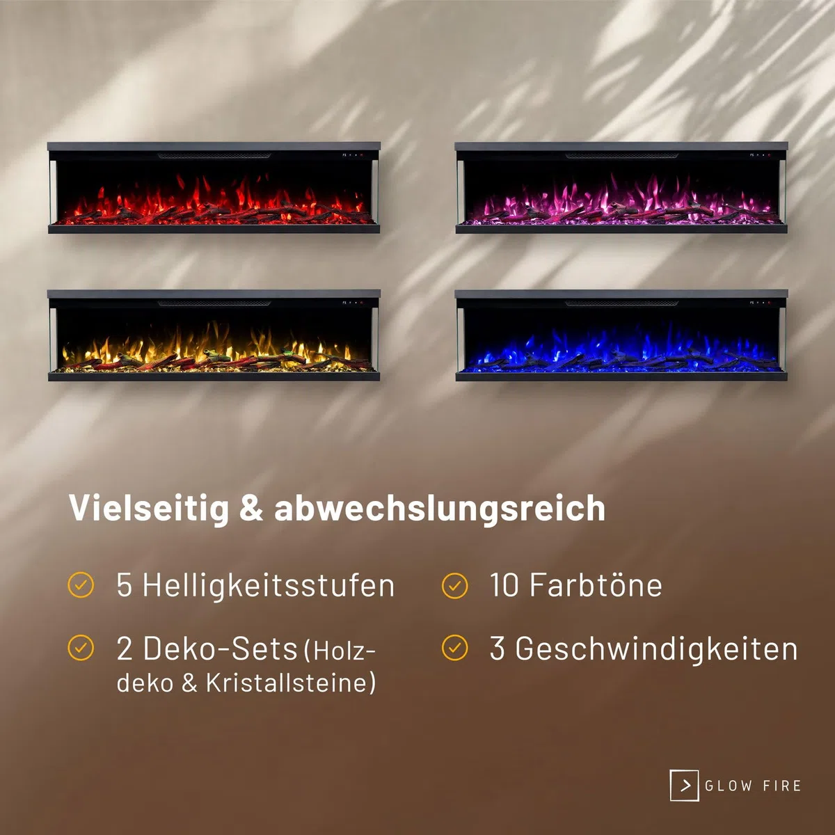 GLOW FIRE Caminetto Elettrico Insert 127 con fuoco LED 3D realistico - Caminetto elettrico a parete con riscaldamento e fuoco, controllo tramite app, effetto crepitio e timer, max. 1800 W, 127x35x19