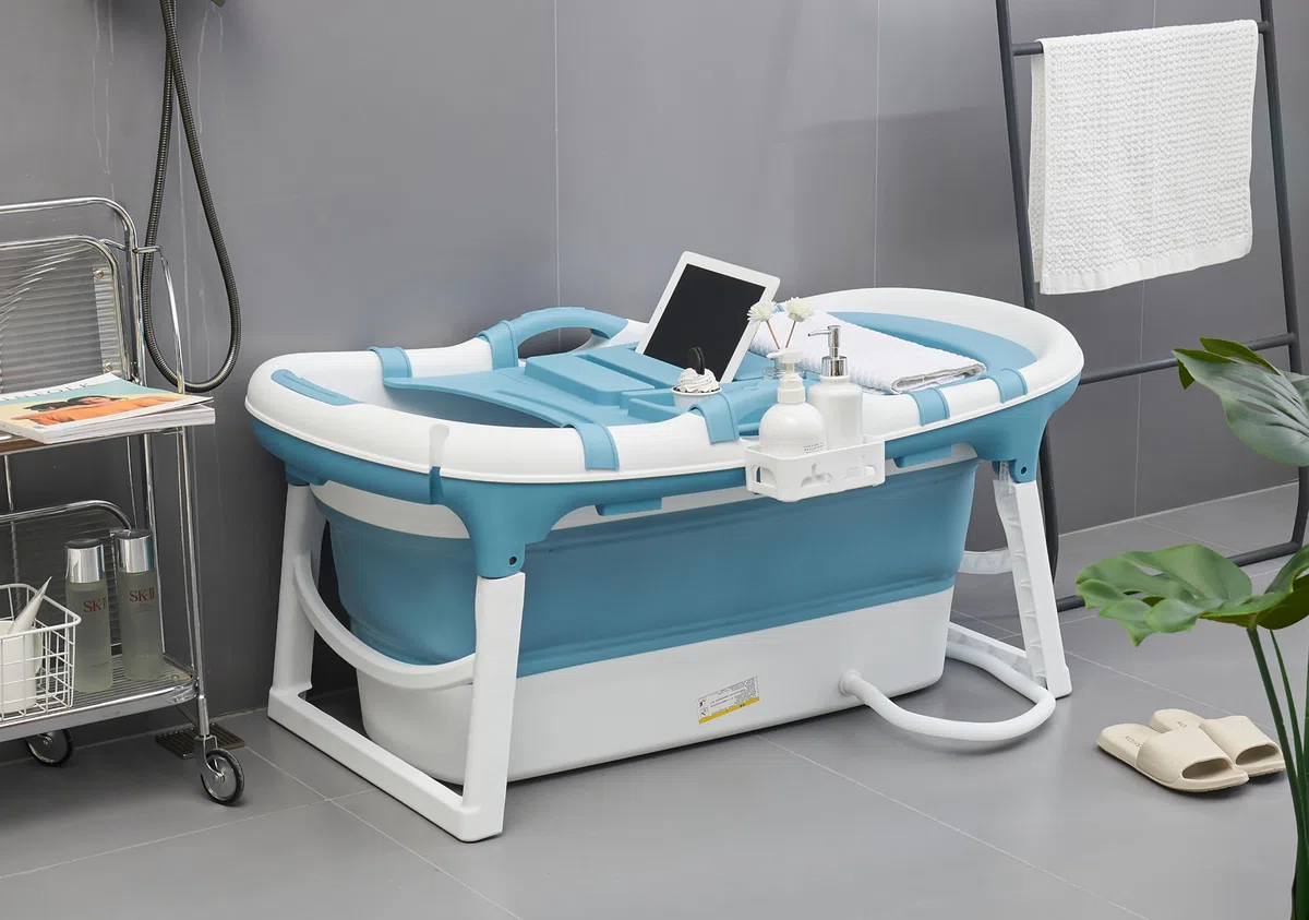 Vasca da bagno pieghevole per adulti, 121 x 64 x 52 cm, pieghevole con copertura per vasca da bagno mobile, pieghevole, portatile, per piccoli bagni, blu