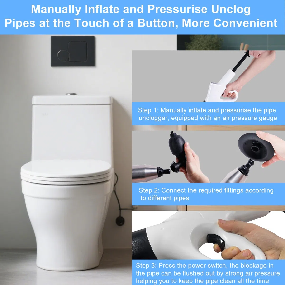 Pulitore per tubi con indicatore di pressione dell'aria, 4 ventose, pulitore per tubi ad aria compressa, per lavabo, WC, bagno, doccia, cucina