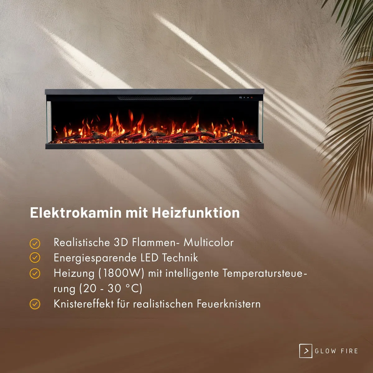 GLOW FIRE Caminetto Elettrico Insert 127 con fuoco LED 3D realistico - Caminetto elettrico a parete con riscaldamento e fuoco, controllo tramite app, effetto crepitio e timer, max. 1800 W, 127x35x19