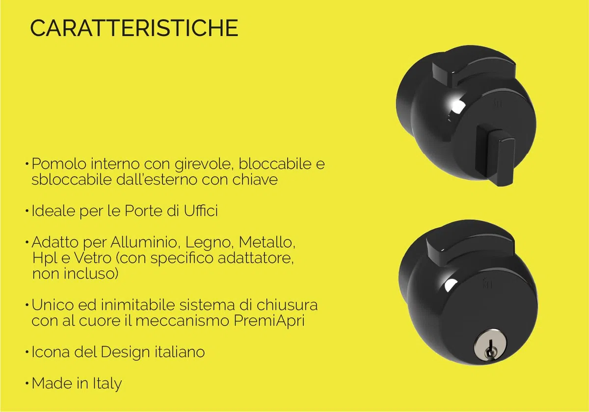MERONI SERRATURE Serratura Pomolo per Porta - Serratura di Sicurezza con Pomolo PremiApri, Ideale per Porte di Uffici in Legno Metallo Alluminio Vetro, Con Chiave, Made in Italy