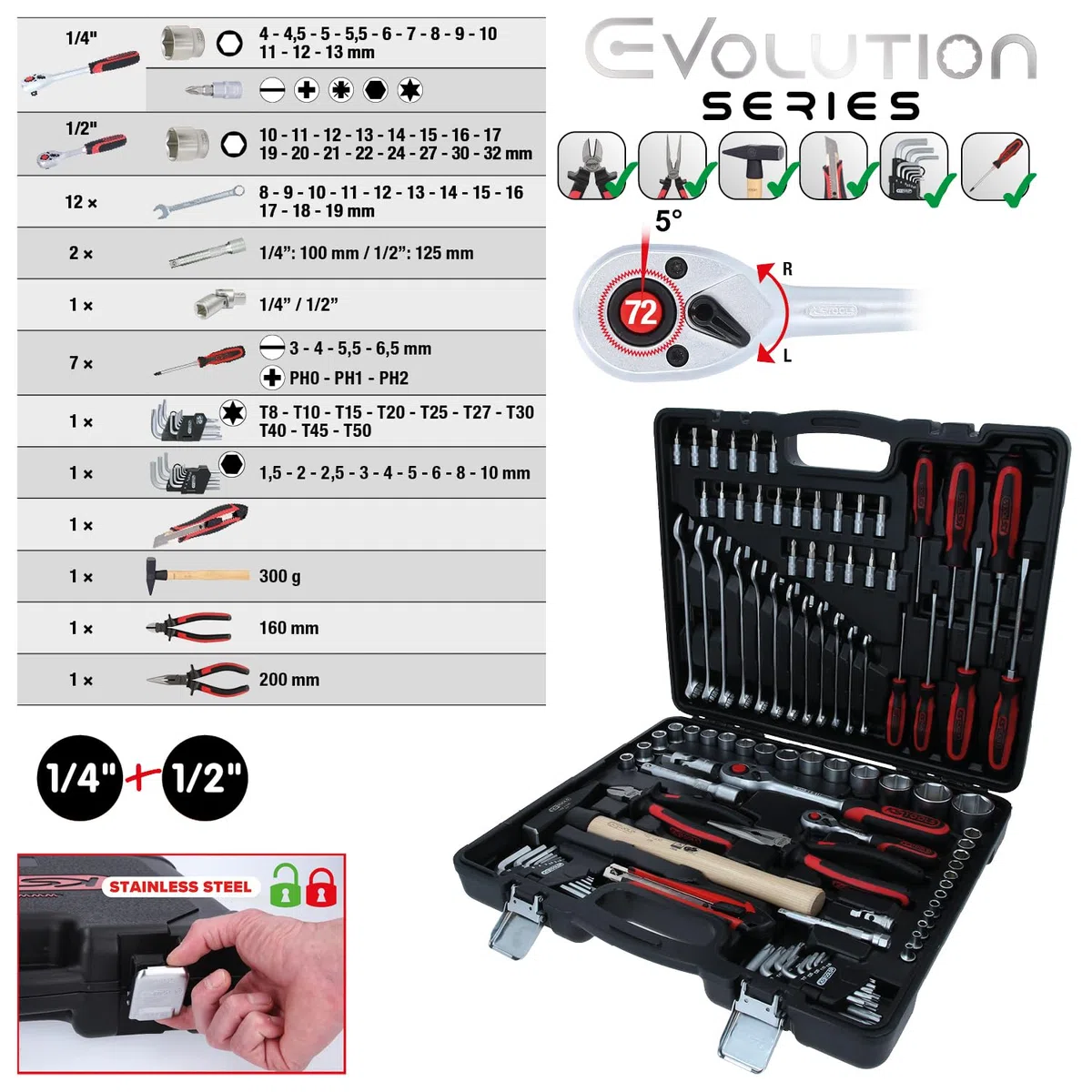 KS Tools 917.0797 1/4"+1/2" Serie di utensili universali, 97pz