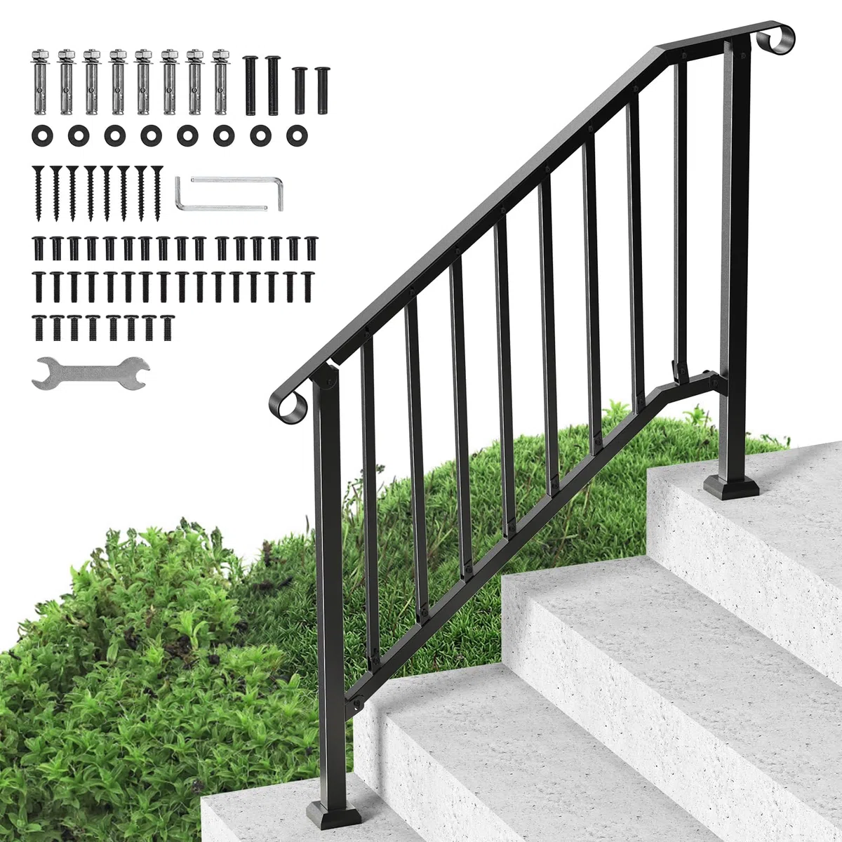 VEVOR Kit Corrimano per Gradini Esterni, Scale 3-4 Gradini, Ringhiere in Acciaio Carbonio di Transizione, con Kit di Installazione, Corrimano per Anziani, in Cemento e Portico, Arco Retrò Nero