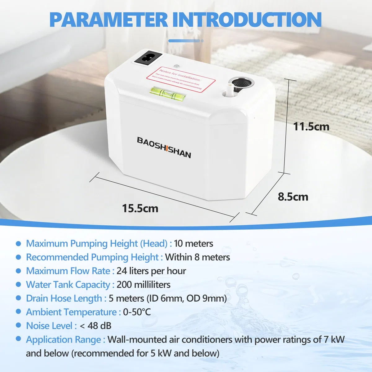 BAOSHISHAN Pompa per condensa 24L/H Sistema di sollevamento della condensa con allarme di troppopieno, pompa di condensazione per sistemi di condizionamento dell'aria di potenza da 8 kW