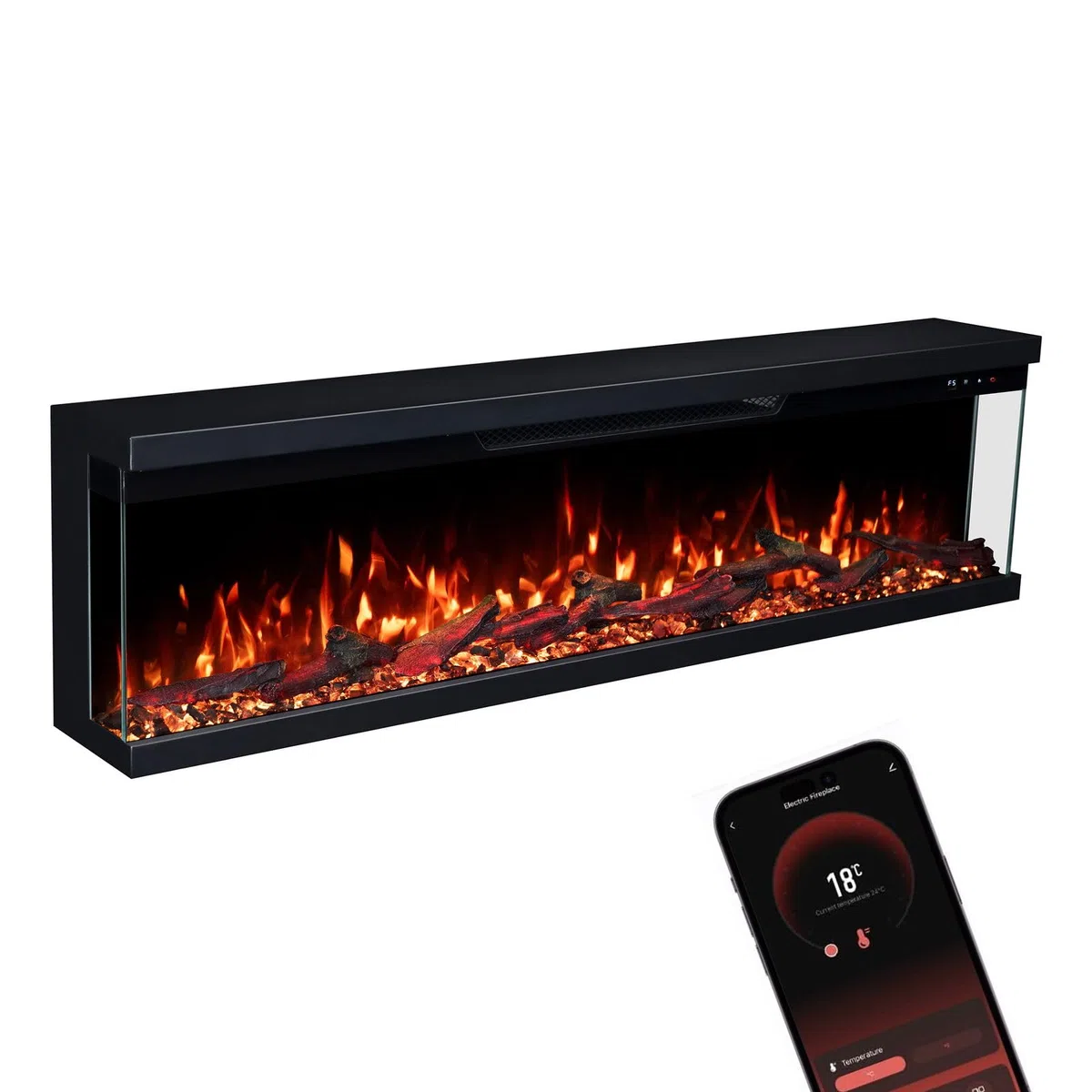 GLOW FIRE Caminetto Elettrico Insert 127 con fuoco LED 3D realistico - Caminetto elettrico a parete con riscaldamento e fuoco, controllo tramite app, effetto crepitio e timer, max. 1800 W, 127x35x19