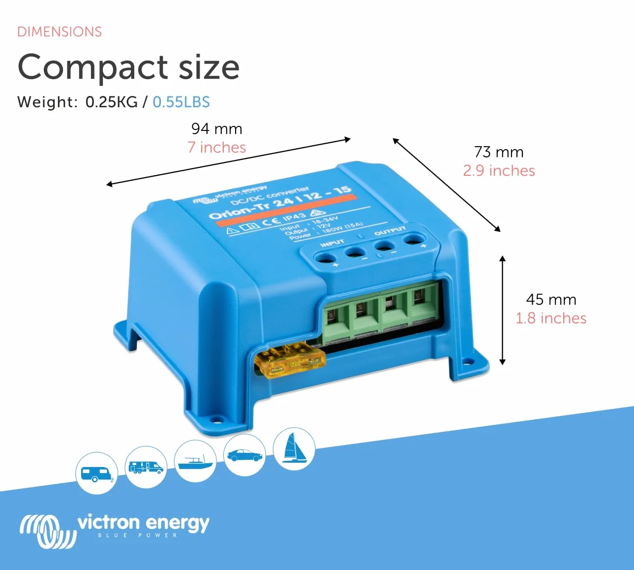 Victron Energy Orion-TR IP43 24/12-Volt 15 amp 180-Watt Convertitore DC/DC, Non Isolato