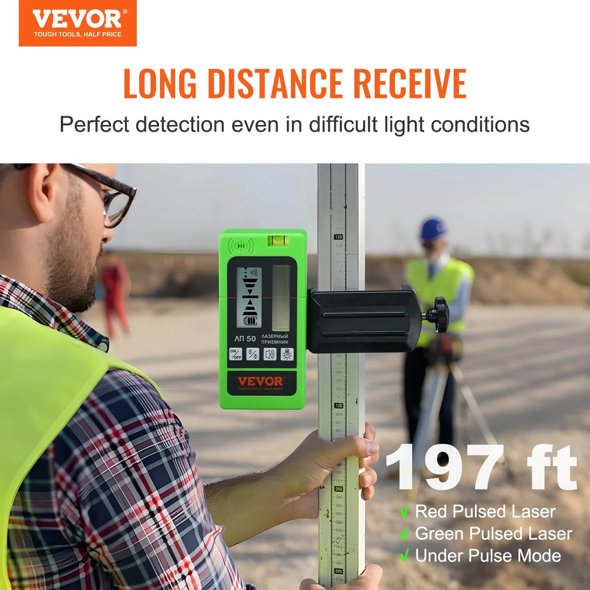 VEVOR Ricevitore Laser per Livella Laser Campo di Lavoro da 60m Rilevatore Laser Raggio Verde Rosso con Segnale Acustico Regolabile Doppio Display LCD, Ricevitore Livella Laser a Bolla con Morsetto