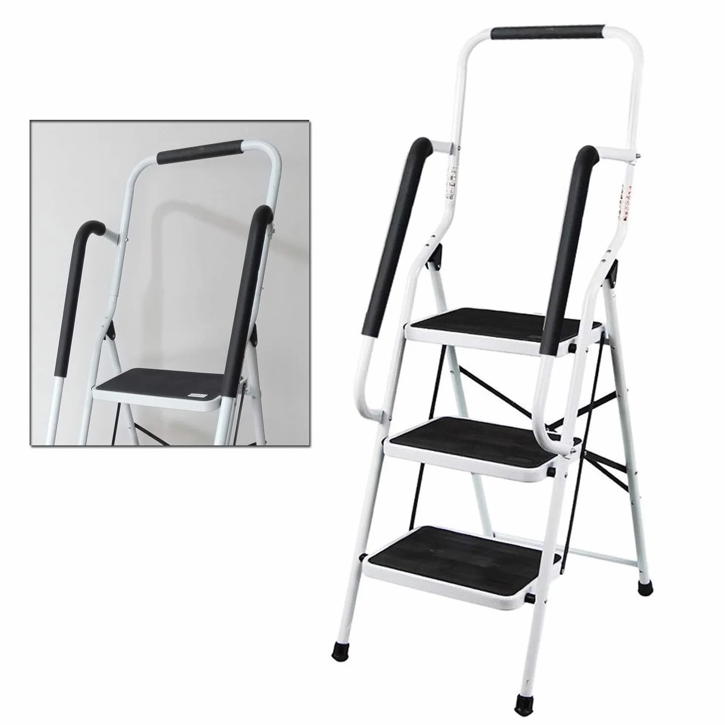 Scaletta a 3 gradini con corrimano di sicurezza, con gradini antiscivolo, scala pieghevole e portatile, in acciaio robusto, capacità massima di 150 kg, ideale per casa/cucina/garage