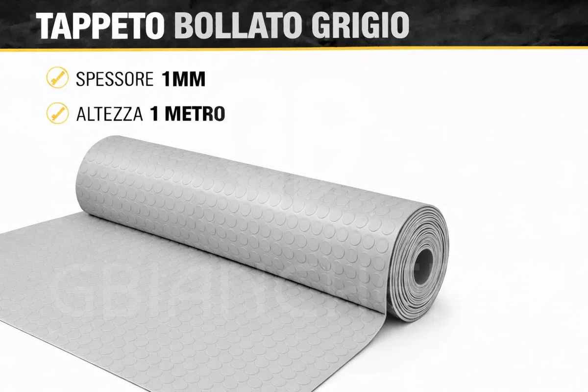 Pavimento in PVC Bollato Antiscivolo Grigio – Tappeto Flessibile e Resistente 1 mm – Rivestimento per Garage, Magazzini, Laboratori – Facile da Pulire (1 m x 5 m)