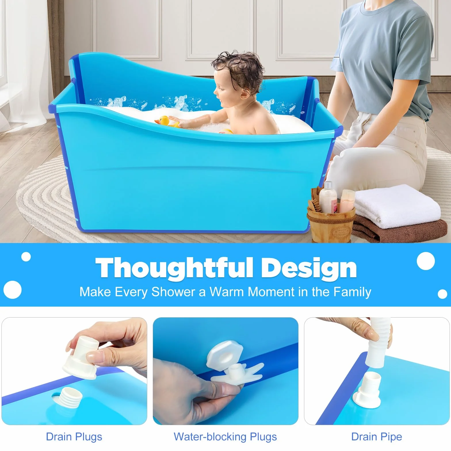 Vasca da bagno pieghevole per adulti, vasca da bagno mobile pieghevole, costruzione leggera, robusta, facile da riporre, grande vasca da bagno per la doccia SPA, blu