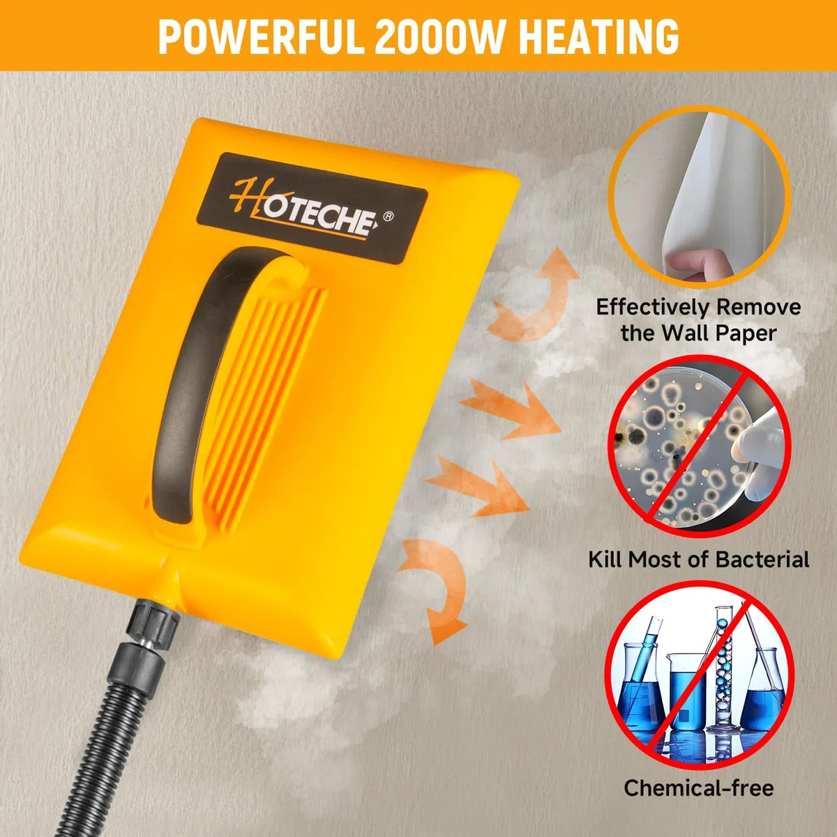 Hoteche Estrattore di carta da parati a vapore da 2000 W, efficiente rimozione della carta da parati con serbatoio dell'acqua da 4,5 l, tubo da 3 m e accessori, dispositivo a vapore ecologico per