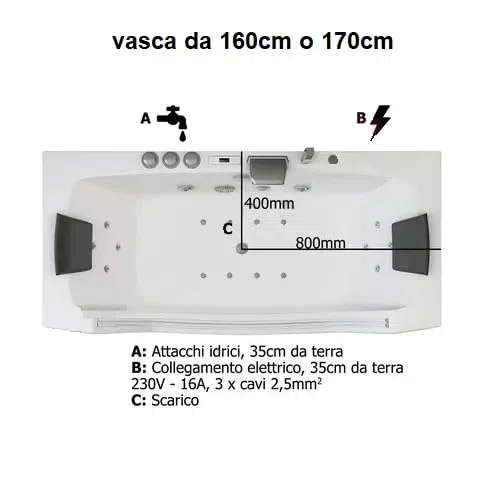 Bagno Italia vasca da bagno idromassaggio full optional 160x80 cm con luci riscaldatore e ozonoterapia