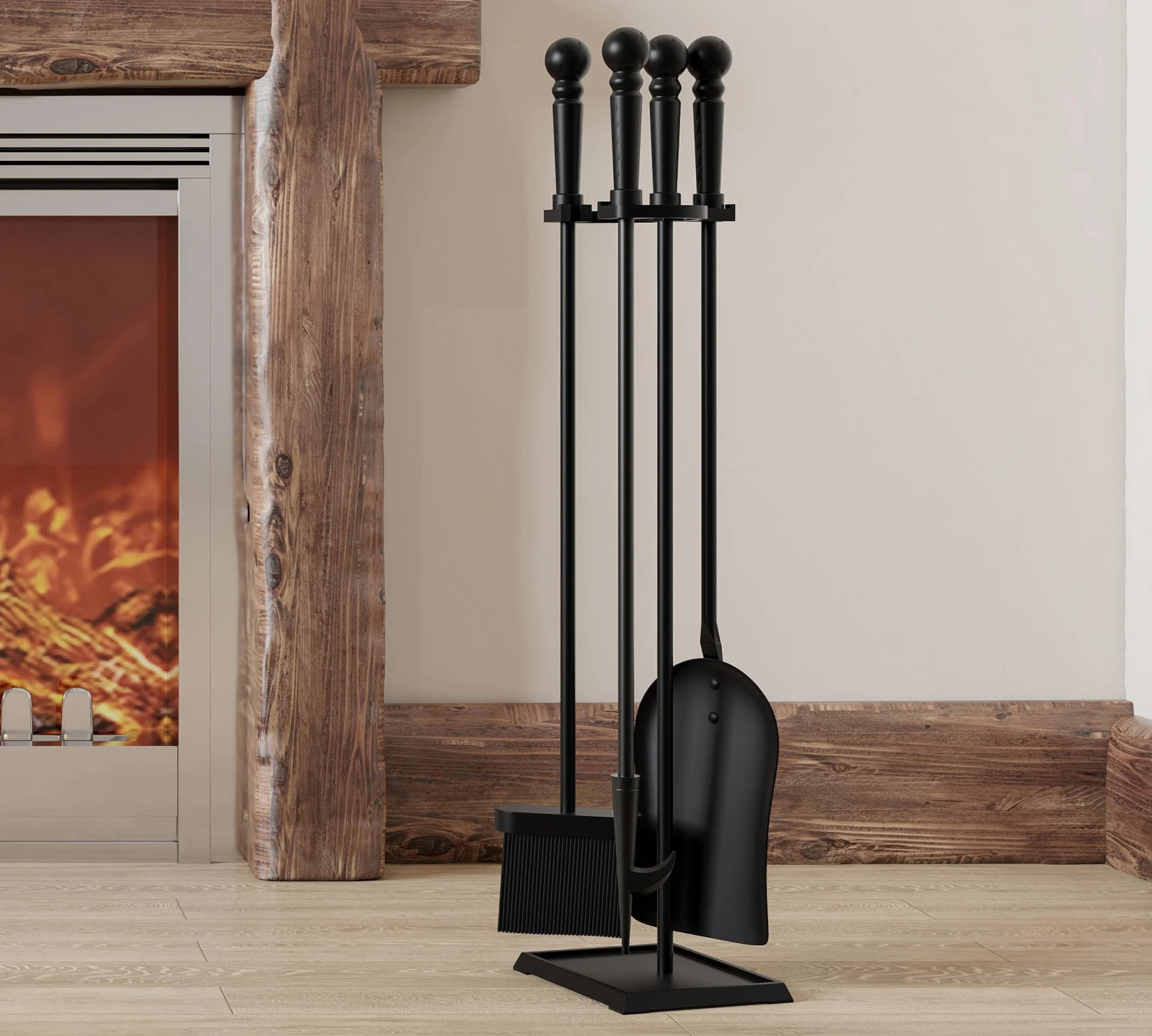 Set di accessori per caminetto Kingson – 3 pezzi, strumenti neri con rivestimento in polvere, manici e supporto in ghisa – pala, attizzatoio, spazzola – strumenti da 55,5 cm, altezza complessiva 61 cm