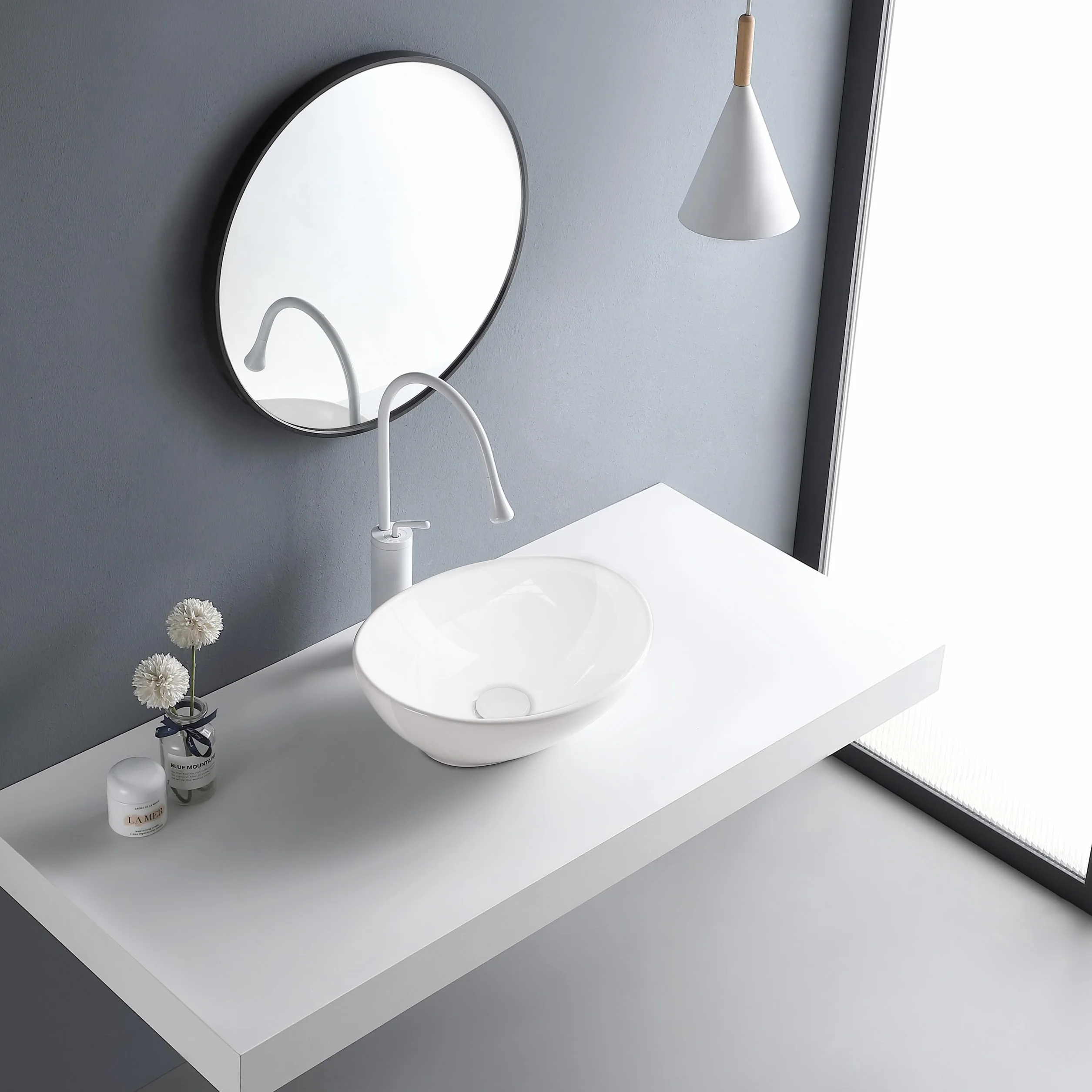 AQUAUNO GOYA - Lavabo da appoggio, 42 x 33 cm, ovale, in ceramica bianca, senza foro per rubinetto e troppopieno, per sanitari, bagno e WC per ospiti