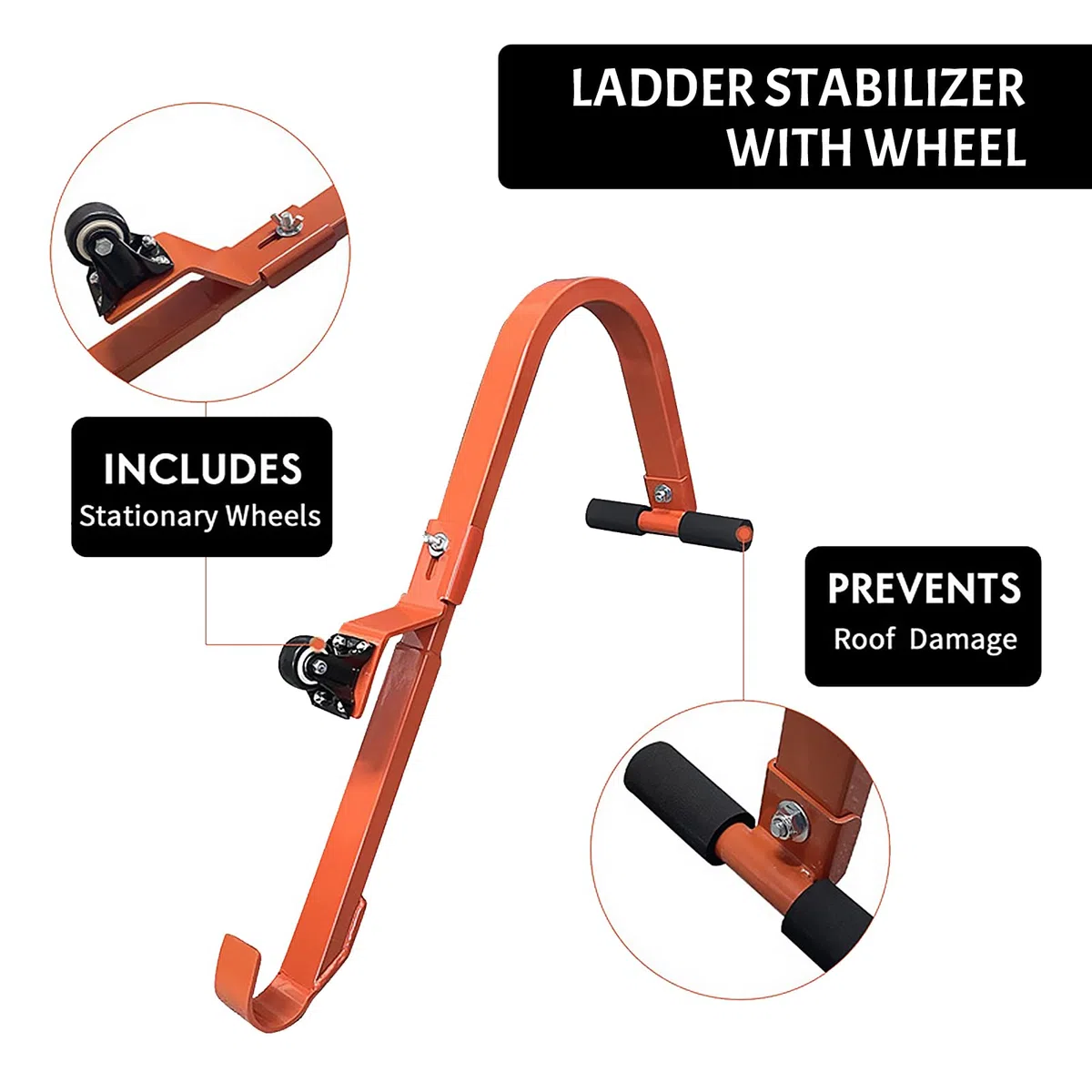 Ganci per Scale da Tetto con Ruot, 2Pezzi Ganci per Scale da Tetto con Stabilizzatore, Capacità di Carico da 250KG, Stabilizzatore per Scala con Impugnatura in Gomma