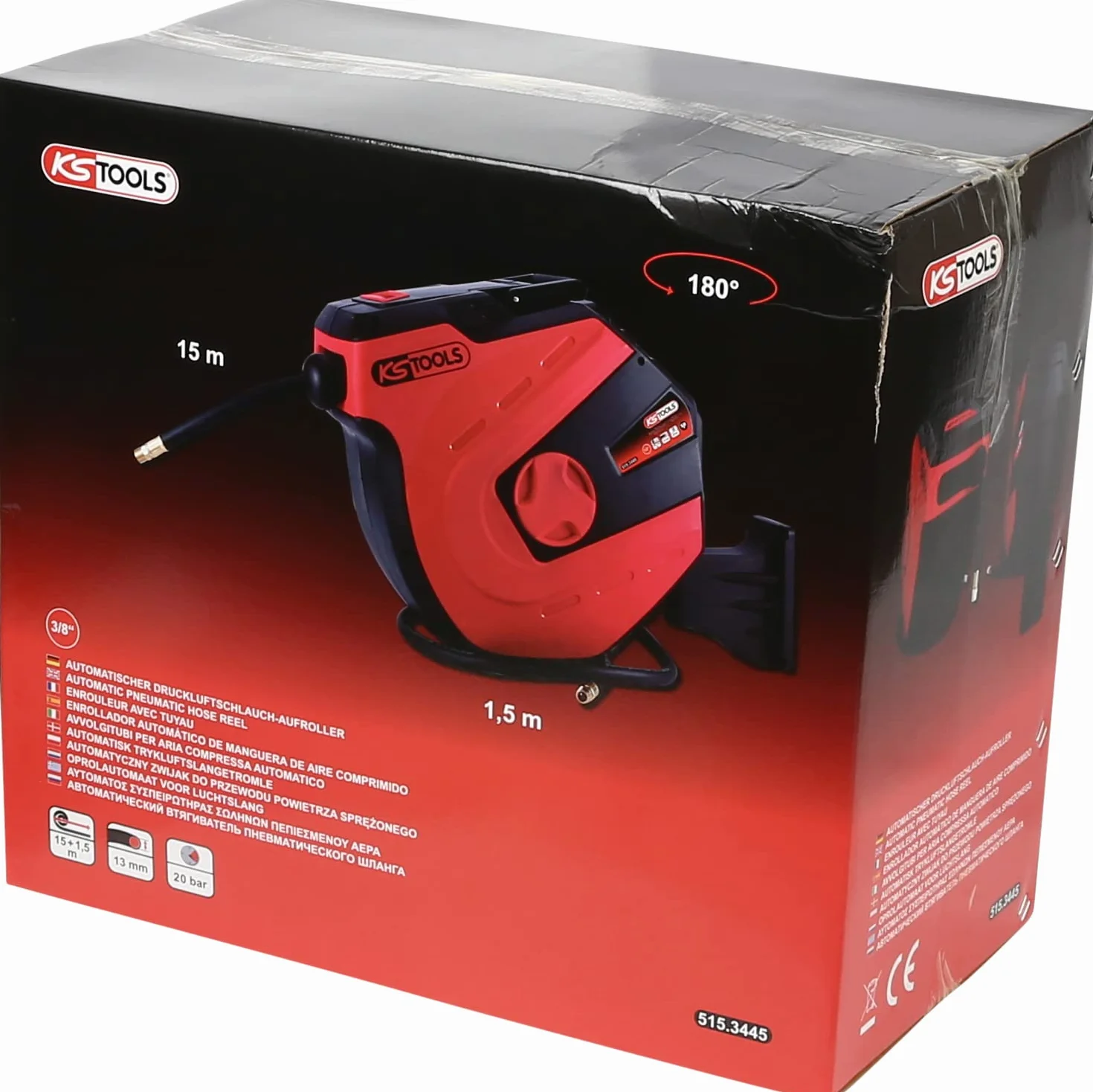 KS Tools 515.3445 Avvolgitubi per aria compressa automatico, Ø 13 mm x 15 m