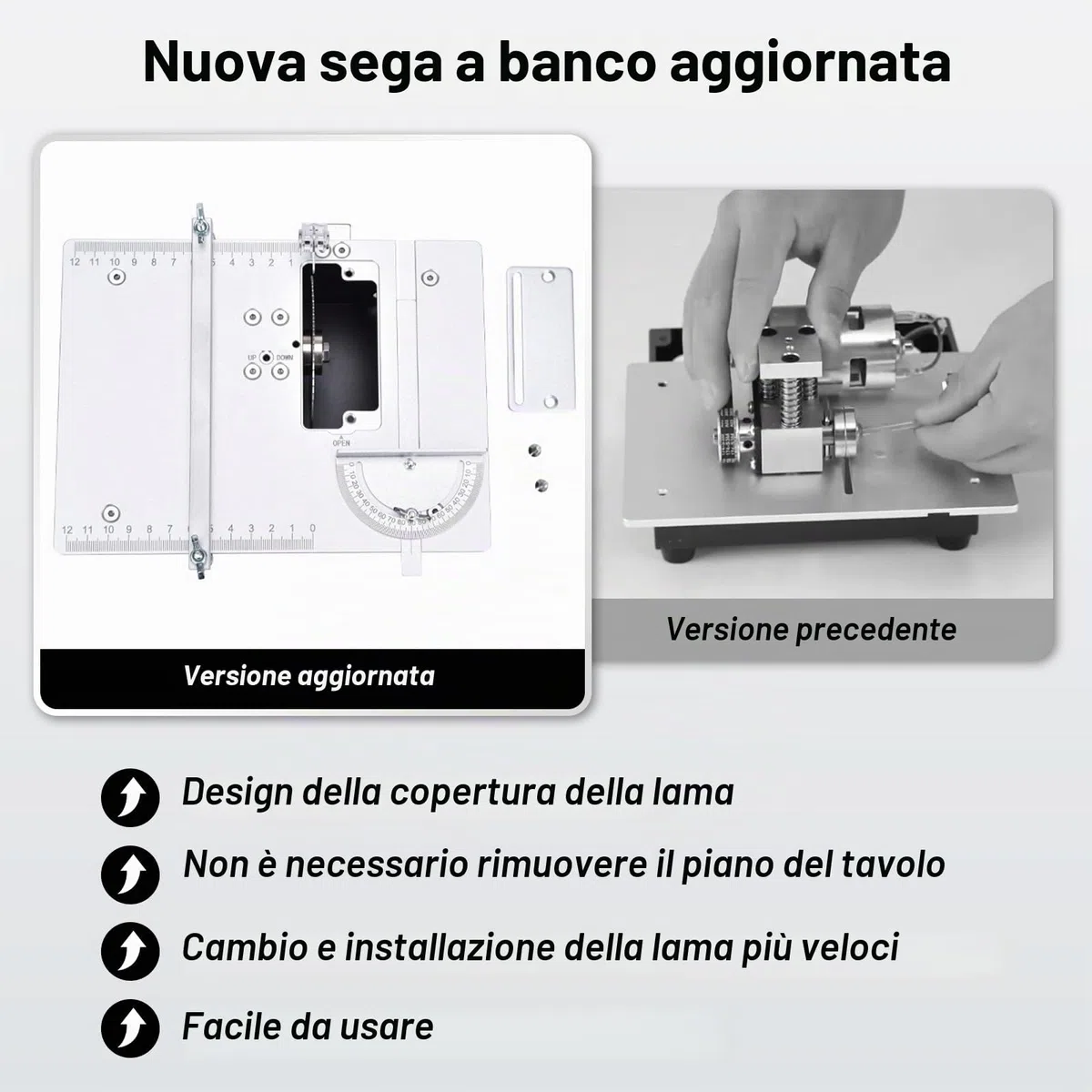 Mini sega da tavolo, 240 W, doppio controllo del motore, con disco abrasivo da 2 pollici, 10 cuscinetti per lucidatura e 4 lame, profondità di taglio regolabile, seghe circolari da tavolo, spina