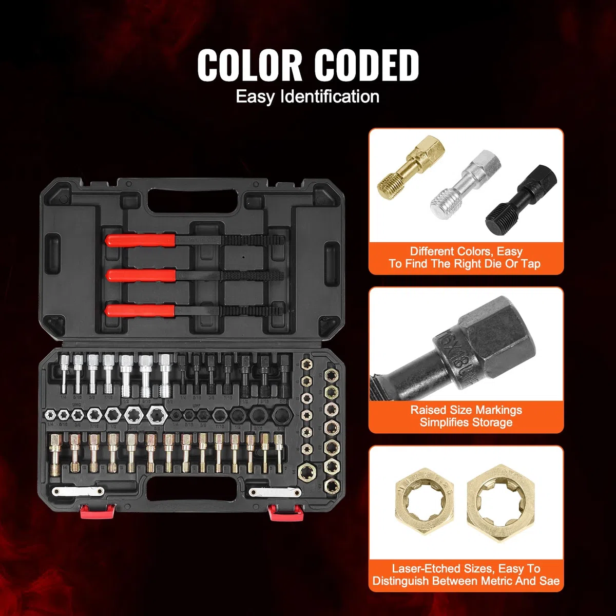 VEVOR Strumento di Ripristino della Filettatura UNC UNF 61 PZ, Kit di Riparazione della Filettatura Metrica, Set di Strumenti di Rifilettatura con Maschi, Filiere, Lime per Filettatura per Meccanici