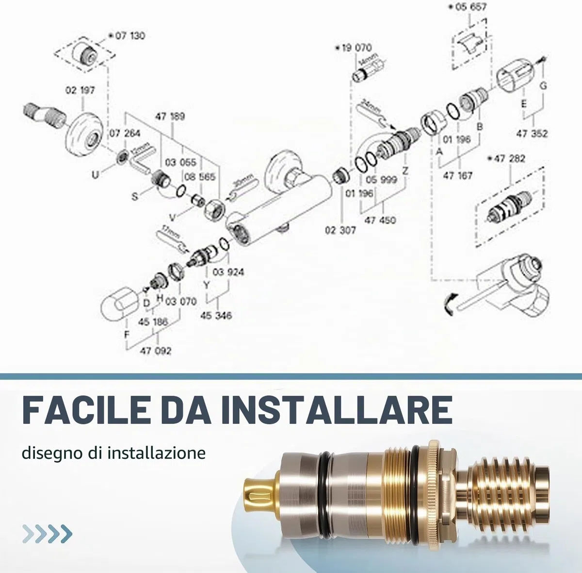 GR-47450000 - Cartuccia termostatica 1/2" in ottone e acciaio inox, compatibile con Grohtherm 1000/3000 e Automatic 2000 - ricambio 47450000