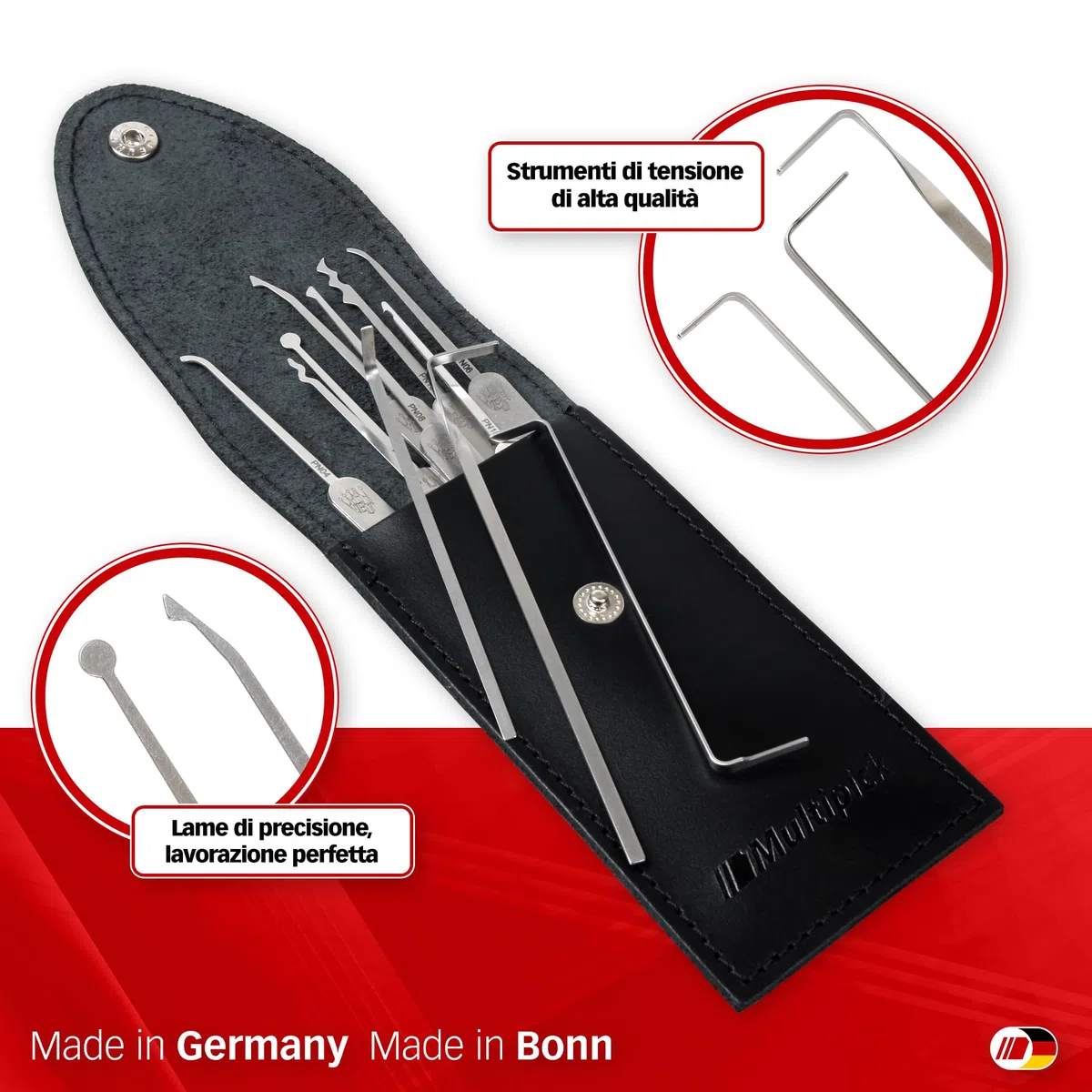 MULTIPICK ELITE 11 Lockpicking Set [11 parti | 0,6 mm] Grimaldelli per Serratura - Kit Grimaldelli - Apri lucchetto - Kit Scassinatore incl. tenditore - Grimaldello & Grimaldelli