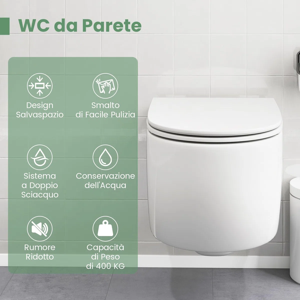 COSTWAY Sanitari Bagno a Muro, Sanitari Bagno Sospeso con Sistema di Doppio Scarico, Meccanismo di Chiusura Ammortizzata e Accessori di Montaggio, Facile da Pulire