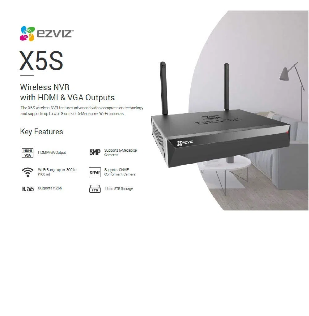 EZVIZ X5S - Videoregistratore di rete wireless con uscita HDMI e VGA, 8W, Nero