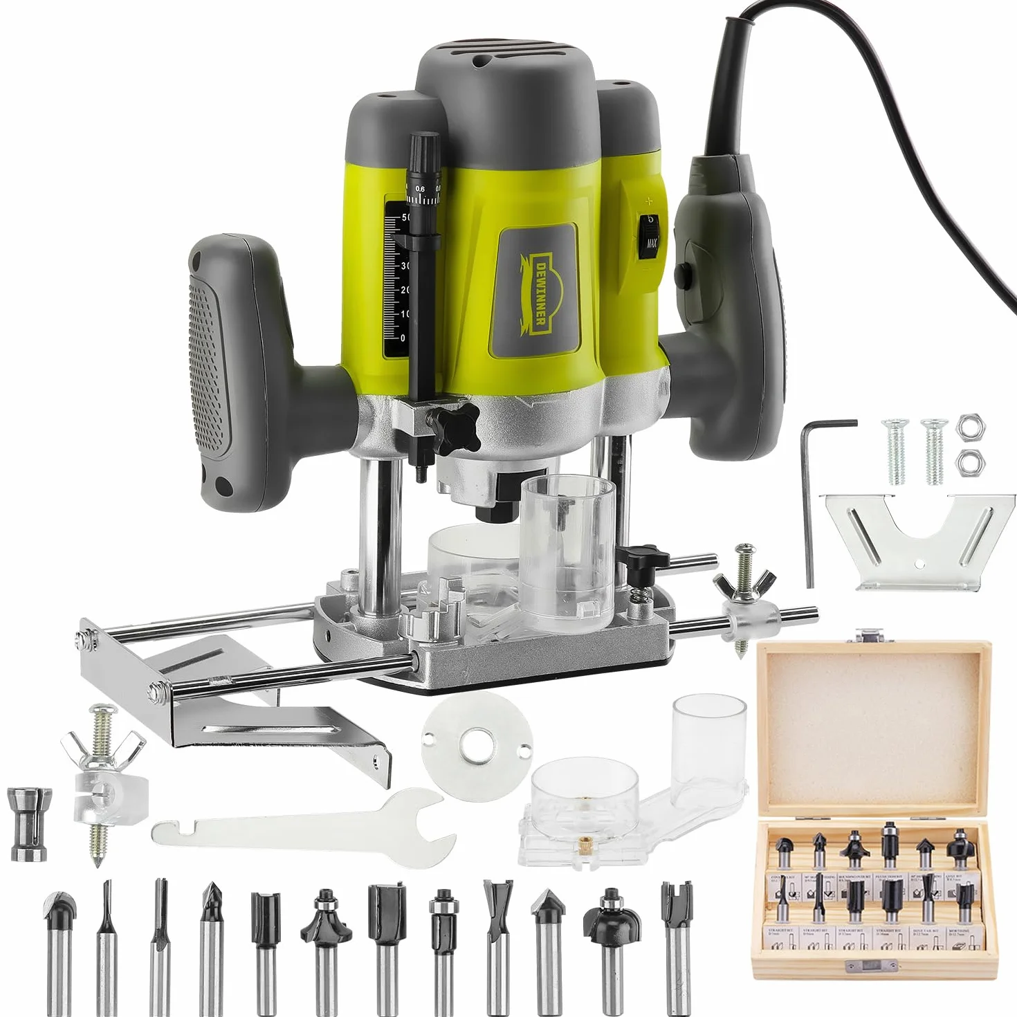 DEWINNER Fresatrice Verticale,di frese per legno Trimmer con set 12 frese in box di legno