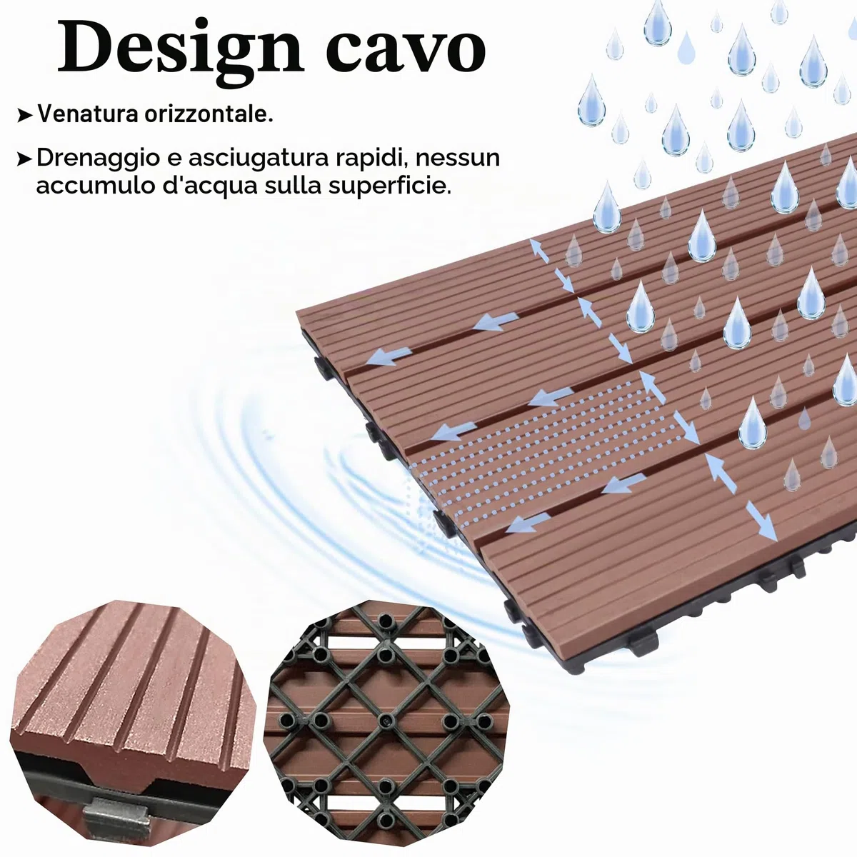 UISEBRT 6 pezzi per pavimenti in WPC, effetto legno, piastrelle a clic, in plastica, per giardino, balcone, terrazza (30 x 60 cm, marrone)