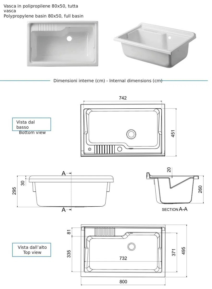 Negrari Arcobaleno Lavatoio Interno Misura 80x50 L80 P50 H85 cm Bianco Mobile Nobilitato Idrofugo Legno Vasca Resina Asse Lavaggio Polipropilene Sifone Autopulente Troppopieno Piedini Regolabili
