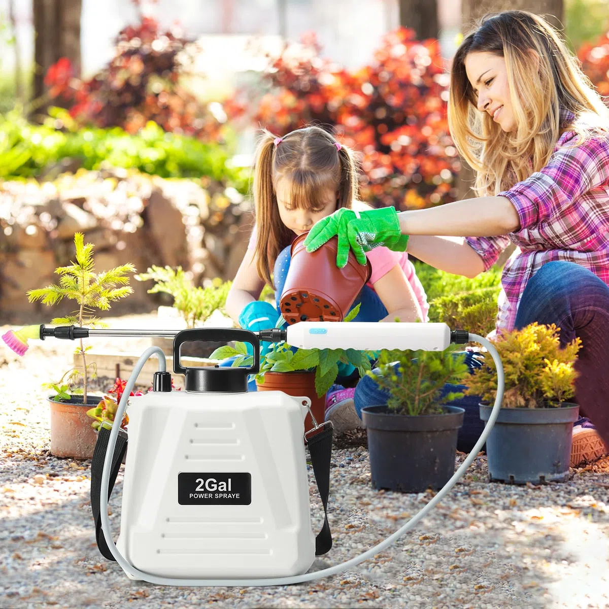 Pompa Irroratrice a Batteria 8L, 2000 mAh Spruzzatore 3 ugelli nebulizzatori, Nebulizzatore Piante con Manico Ricaricabile USB e Bacchetta Retrattile,per Giardino Cortile Prato (Bianco)