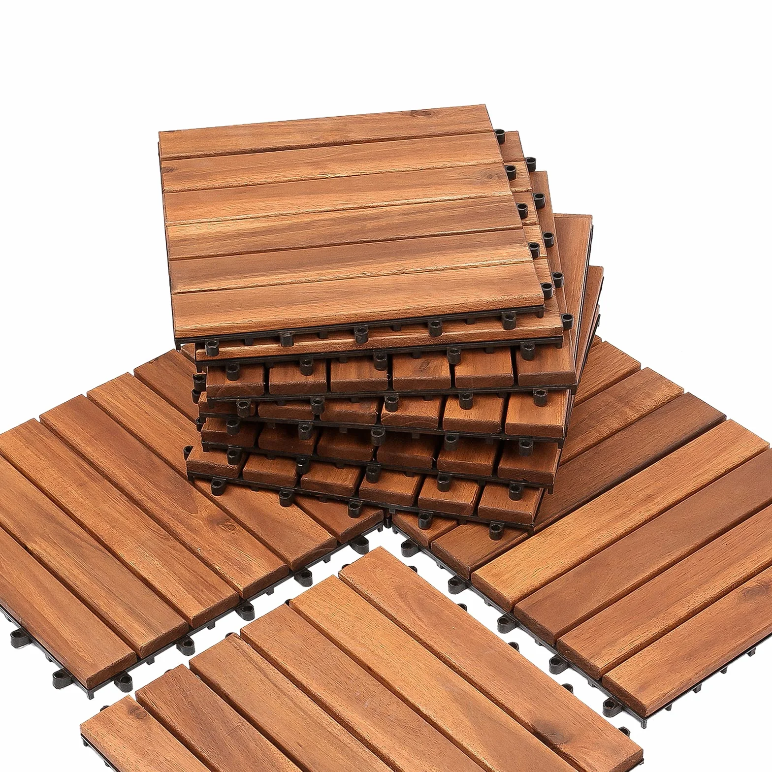 Eulenke Piastrelle in legno di acacia, 1 m², 11 piastrelle da giardino 30 x 30 cm, piastrelle a clic, 6 listelli per giardino, terrazza, balcone
