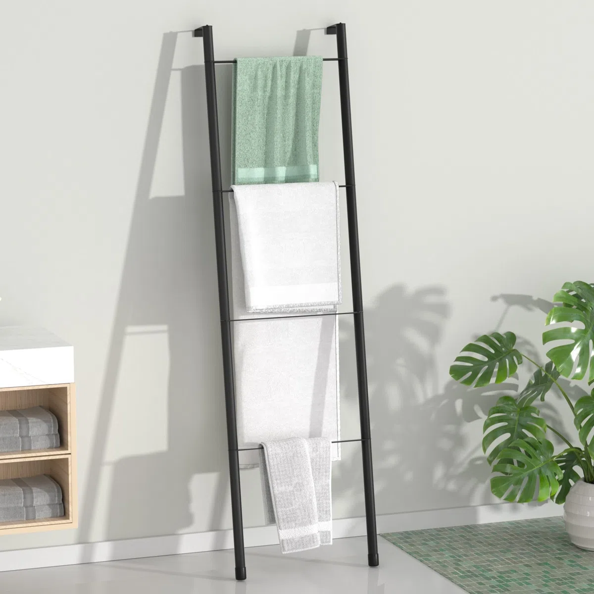 pickpiff Scala in metallo nero, autoportante, da parete, per bagno, soggiorno, cucina, supporto per asciugamani, coperte, coperte (4 ripiani, nero)