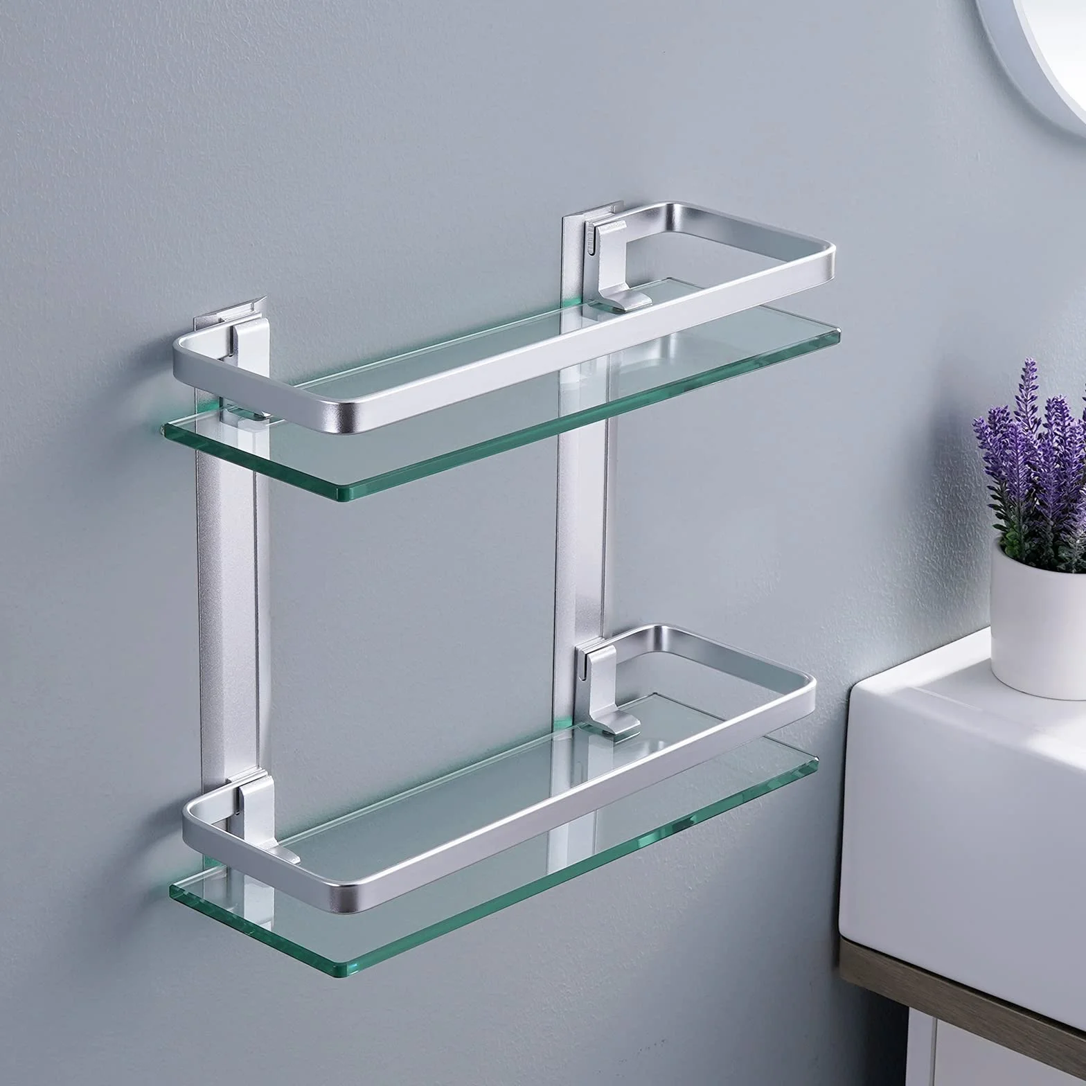 KES Mensola da Bagno Alluminio Mensole Doccia Parete 2 Ripiani 8 mm vetro temperato extra spesso rettangolare Argento, A4126B