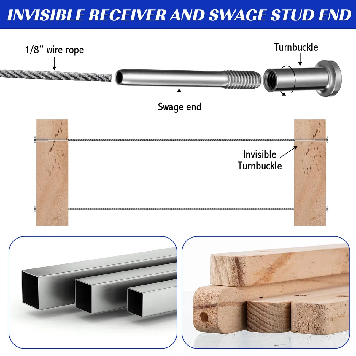 Blulu Kit di 60 cavi invisibili, in acciaio inox T316, ricevitore invisibile da 0,3 cm e estremità a perno a pressare, tenditore da 1/8" per pali in legno/metallo, hardware (argento)