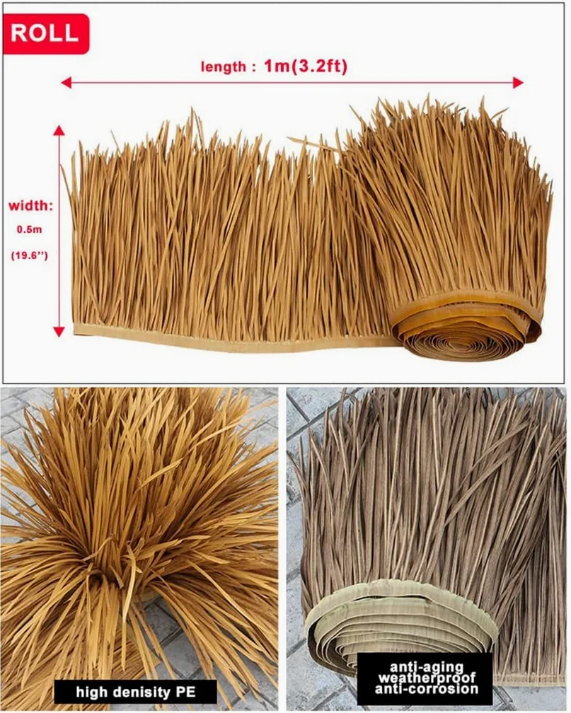 Rotoli di paglia di palma, copertura in paglia artificiale per capanne Tiki e ombrelloni da patio, materiale plastico PE resistente per decorazioni tropicali